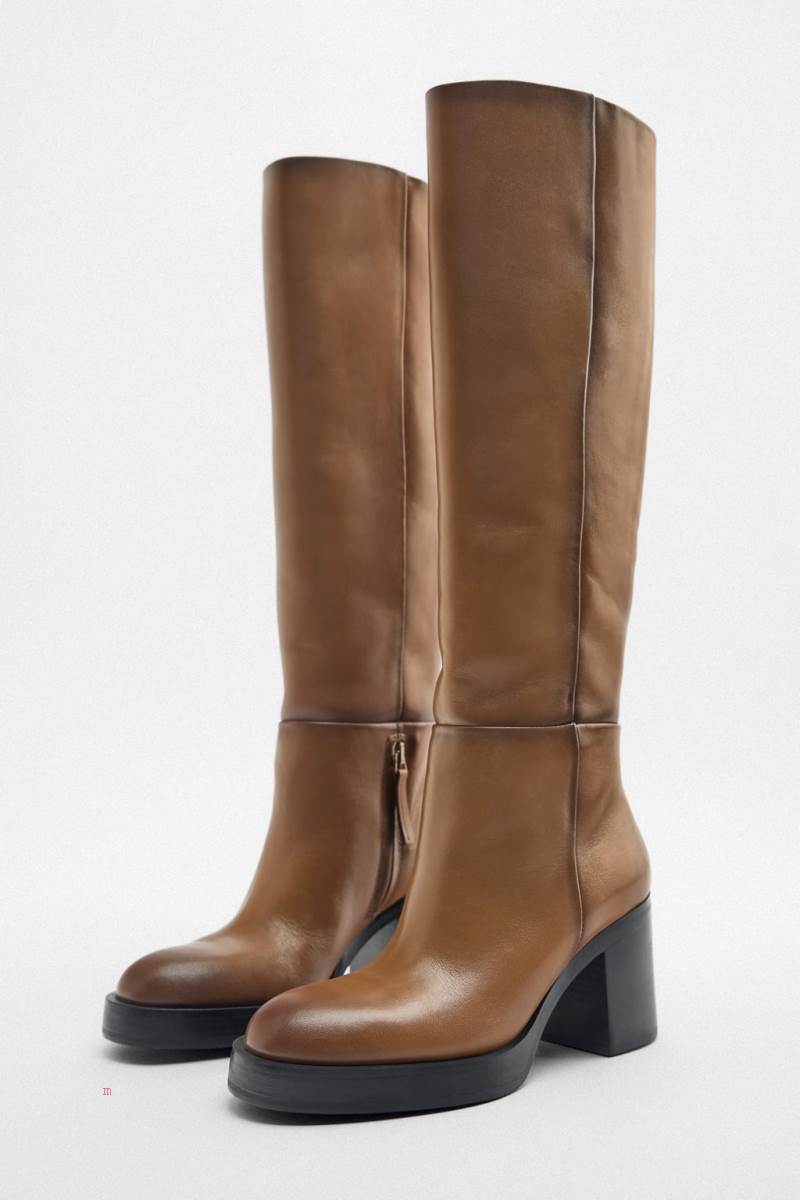 ZARA LEATHER BLOCK HEEL KNEE-HIGH BOOT Höga Stövlar Dam Bruna | ARKLN-3192