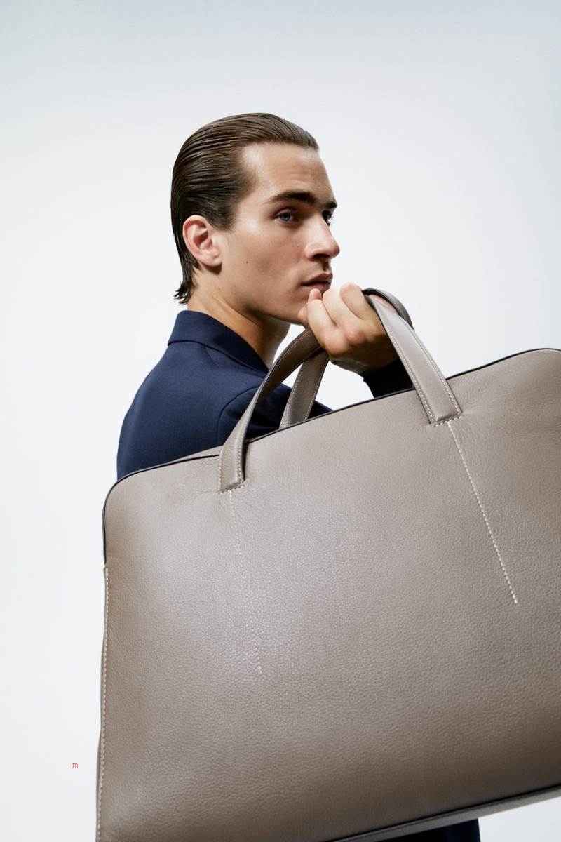 ZARA LEATHER BOWLING BAG Handväska Herr Grå | OVKHC-9165