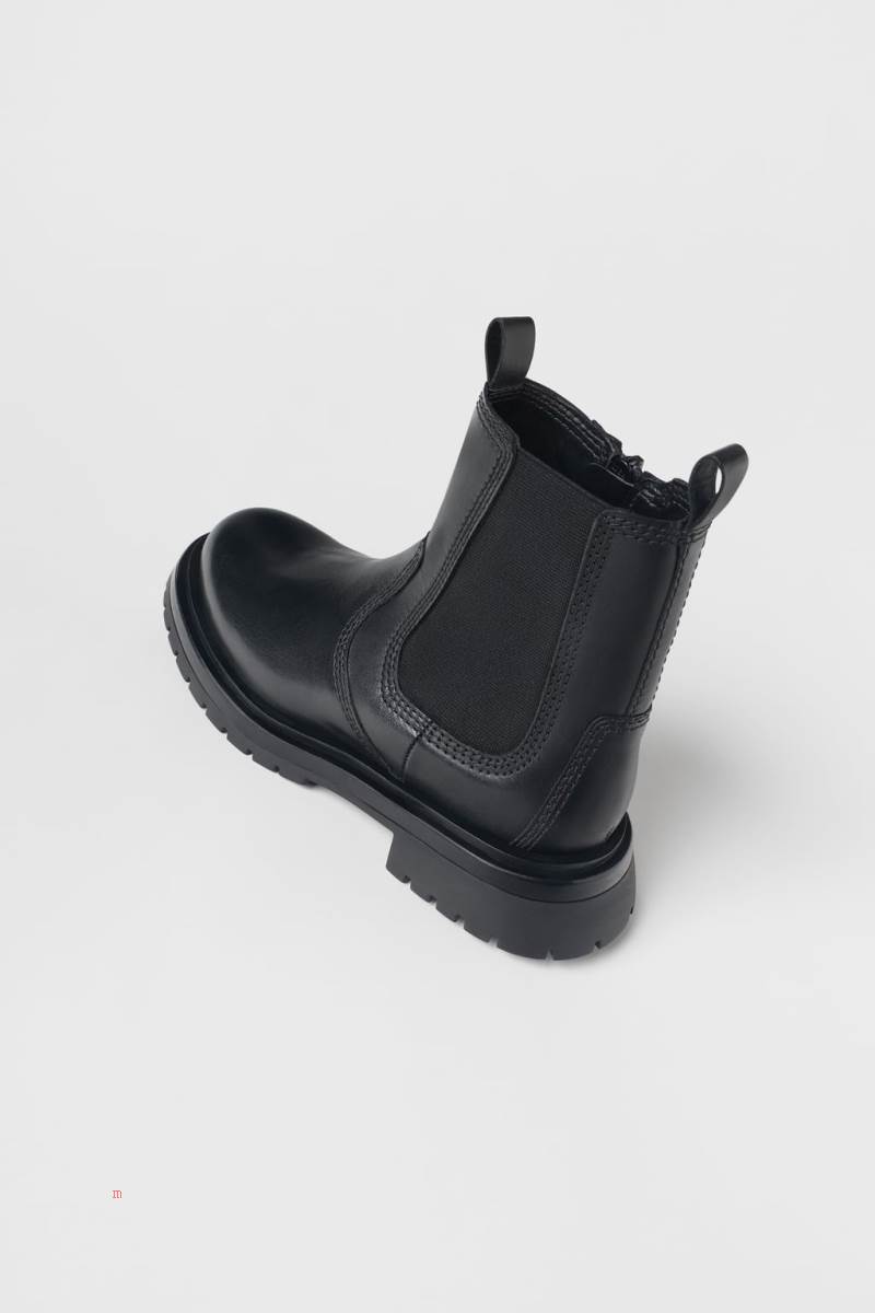 ZARA LEATHER Chelsea Boots Tjej Svarta | CDKYU-9082