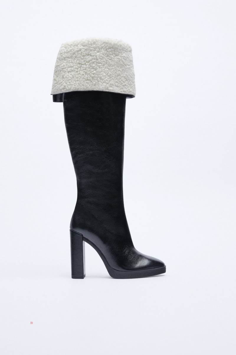ZARA LEATHER HIGH-HEEL OVER-THE-KNEE BOOT WITH FAUX SHEARLING INTERIOR Höga Stövlar Dam Svarta | EGSBI-0831