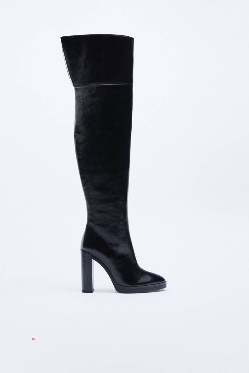 ZARA LEATHER HIGH-HEEL OVER-THE-KNEE BOOT WITH FAUX SHEARLING INTERIOR Höga Stövlar Dam Svarta | EGSBI-0831