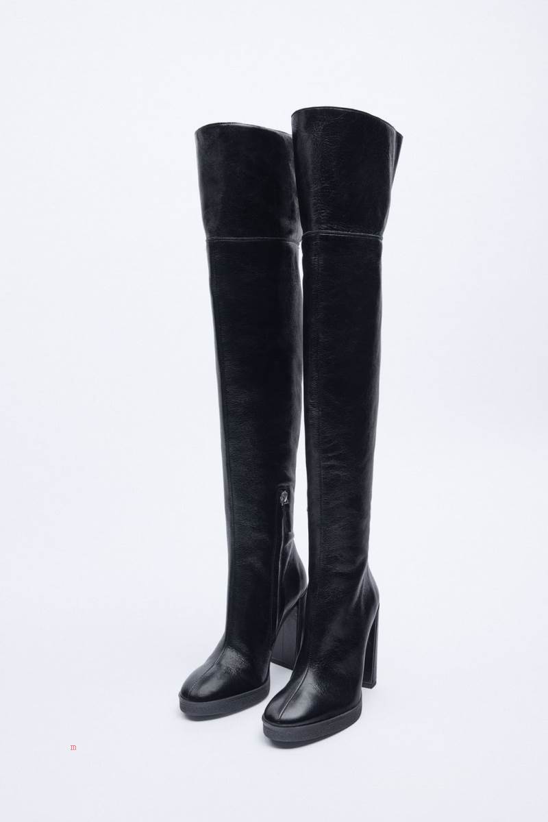 ZARA LEATHER HIGH-HEEL OVER-THE-KNEE BOOT WITH FAUX SHEARLING INTERIOR Höga Stövlar Dam Svarta | EGSBI-0831