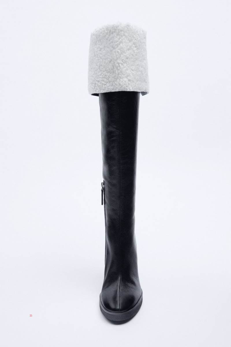 ZARA LEATHER HIGH-HEEL OVER-THE-KNEE BOOT WITH FAUX SHEARLING INTERIOR Höga Stövlar Dam Svarta | EGSBI-0831