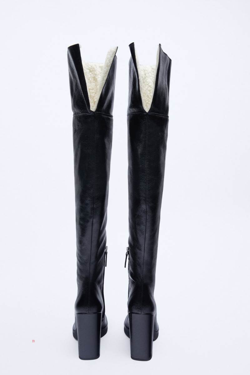ZARA LEATHER HIGH-HEEL OVER-THE-KNEE BOOT WITH FAUX SHEARLING INTERIOR Höga Stövlar Dam Svarta | EGSBI-0831