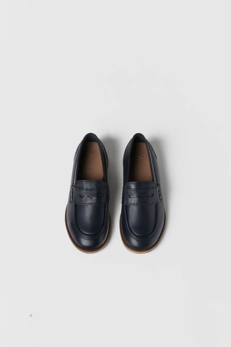 ZARA LEATHER Loafers Pojke Marinblå Blå | UWOTC-8952