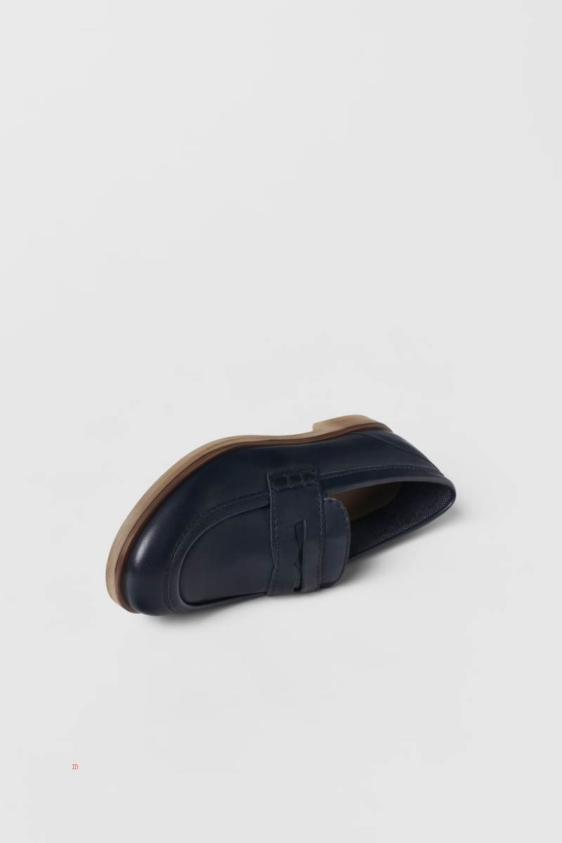 ZARA LEATHER Loafers Pojke Marinblå Blå | UWOTC-8952