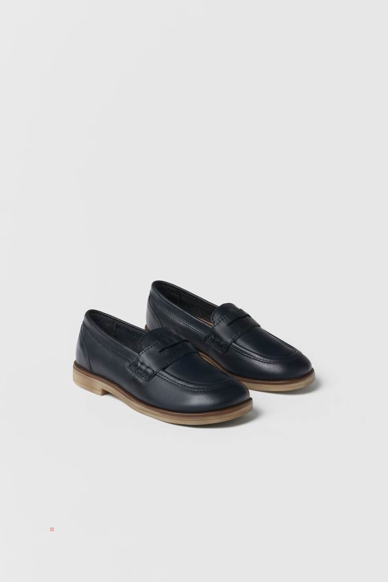 ZARA LEATHER Loafers Pojke Marinblå Blå | UWOTC-8952