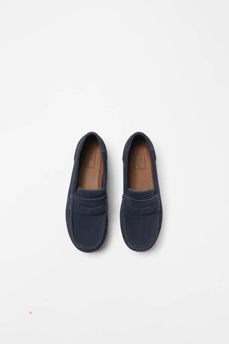 ZARA LEATHER Loafers Pojke Marinblå Blå | XUSCO-3691