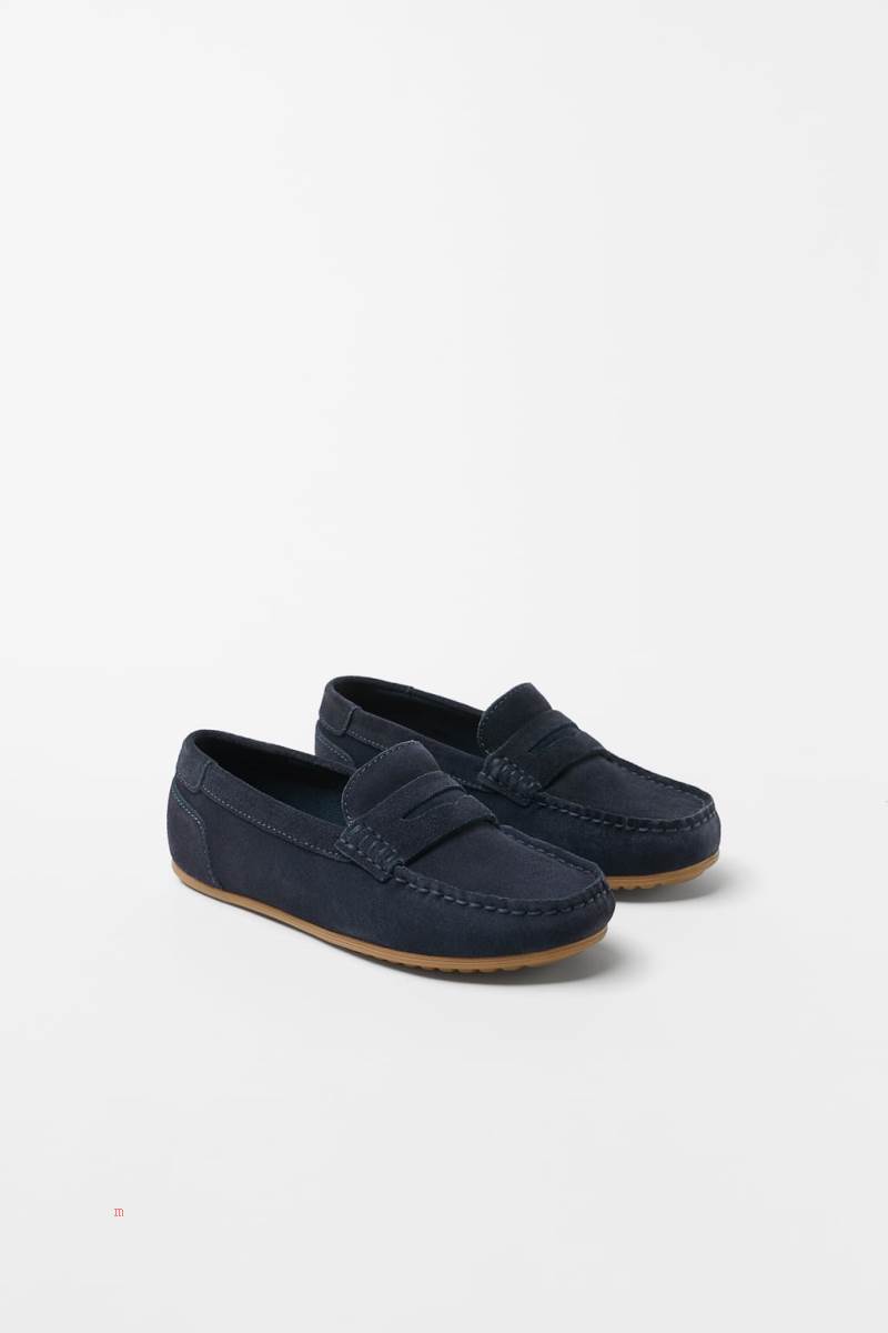 ZARA LEATHER Loafers Pojke Marinblå Blå | XUSCO-3691