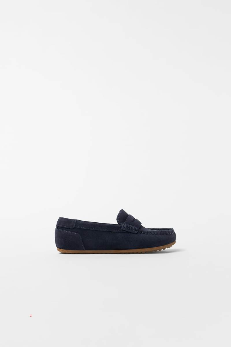 ZARA LEATHER Loafers Pojke Marinblå Blå | XUSCO-3691