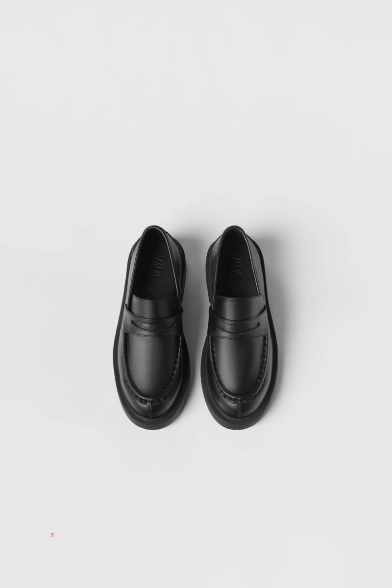 ZARA LEATHER Loafers Tjej Svarta | JZTSN-6415