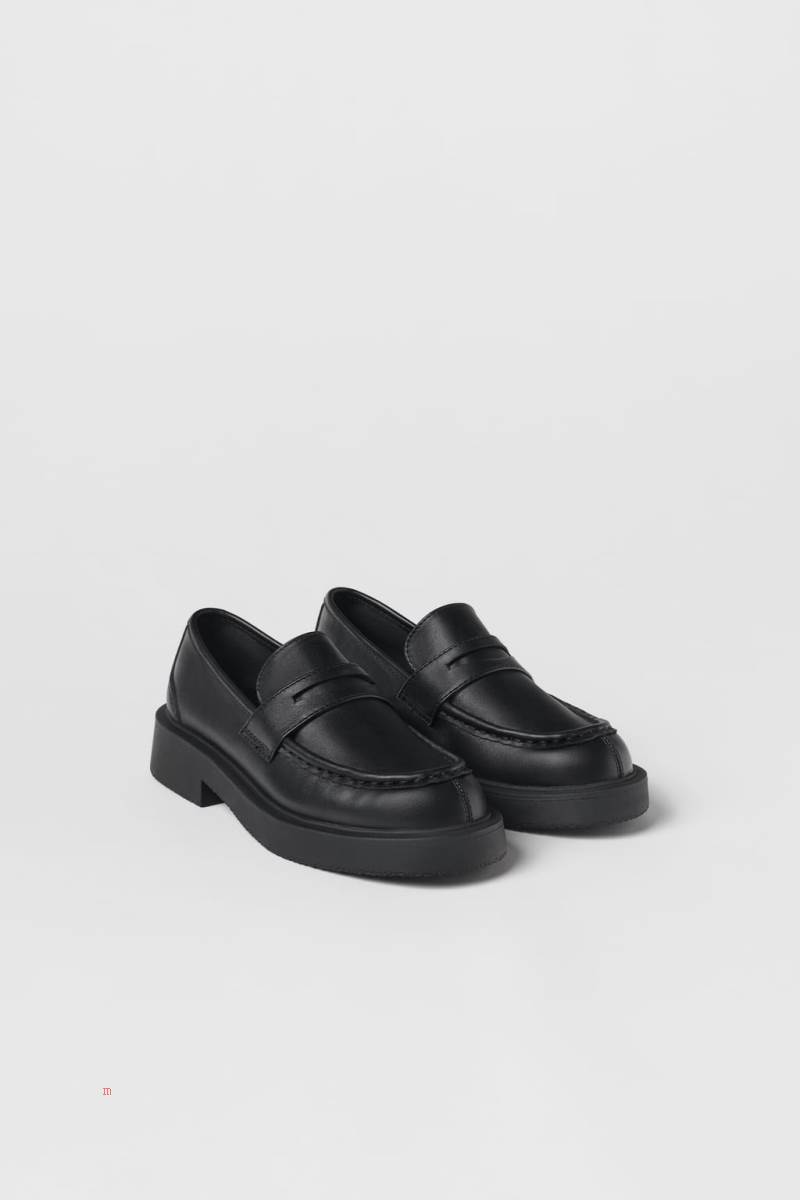 ZARA LEATHER Loafers Tjej Svarta | JZTSN-6415