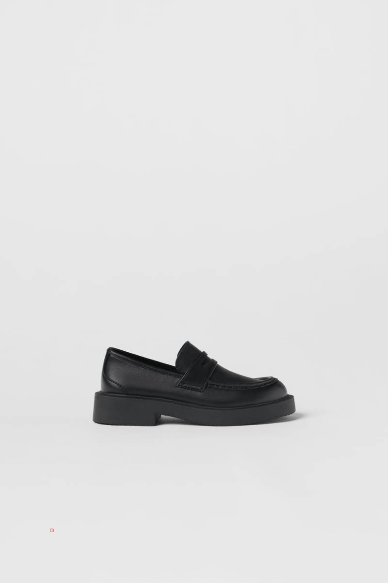 ZARA LEATHER Loafers Tjej Svarta | JZTSN-6415