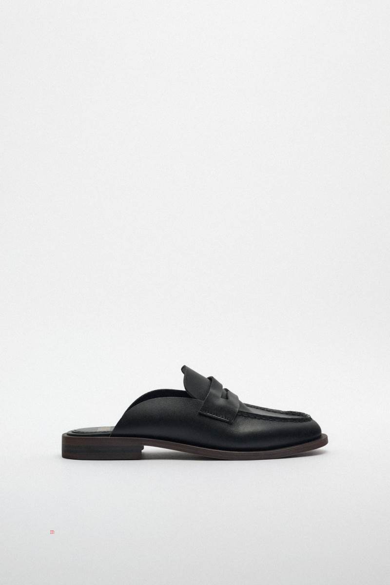ZARA LEATHER MULE Loafers Dam Svarta | WGDFZ-9140