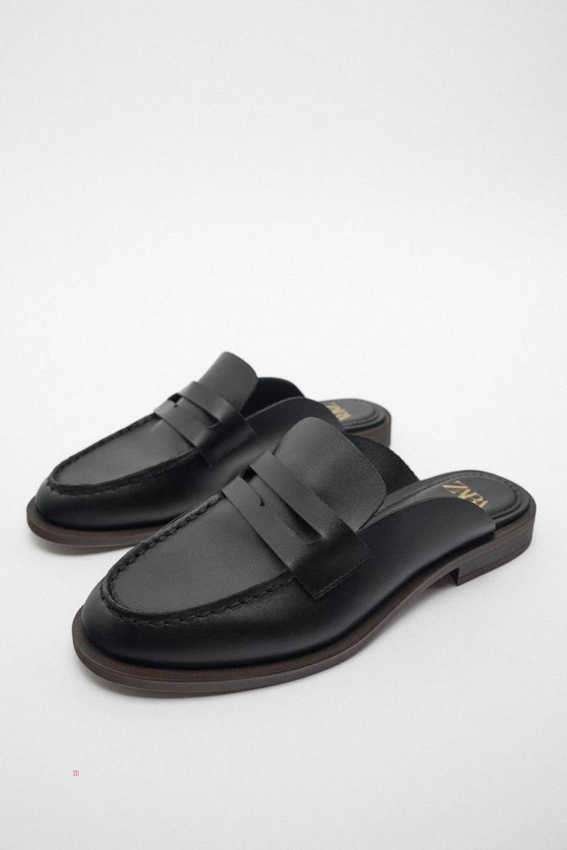 ZARA LEATHER MULE Loafers Dam Svarta | WGDFZ-9140