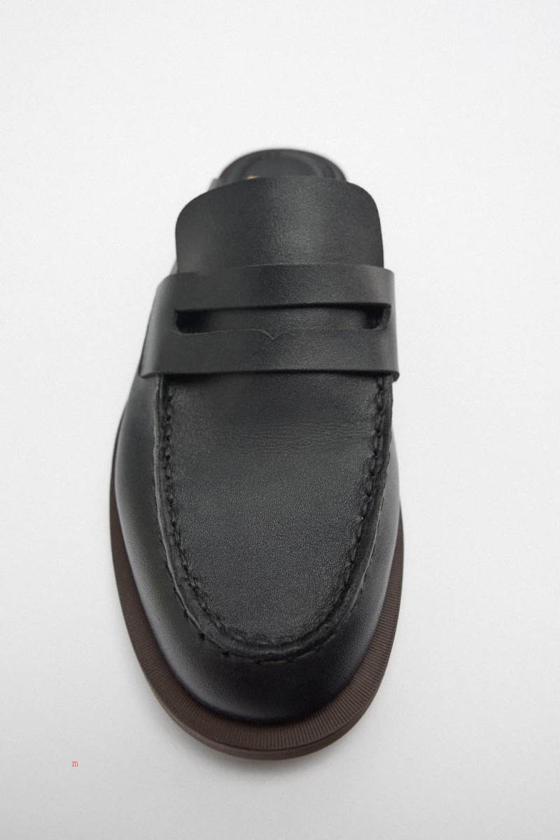 ZARA LEATHER MULE Loafers Dam Svarta | WGDFZ-9140