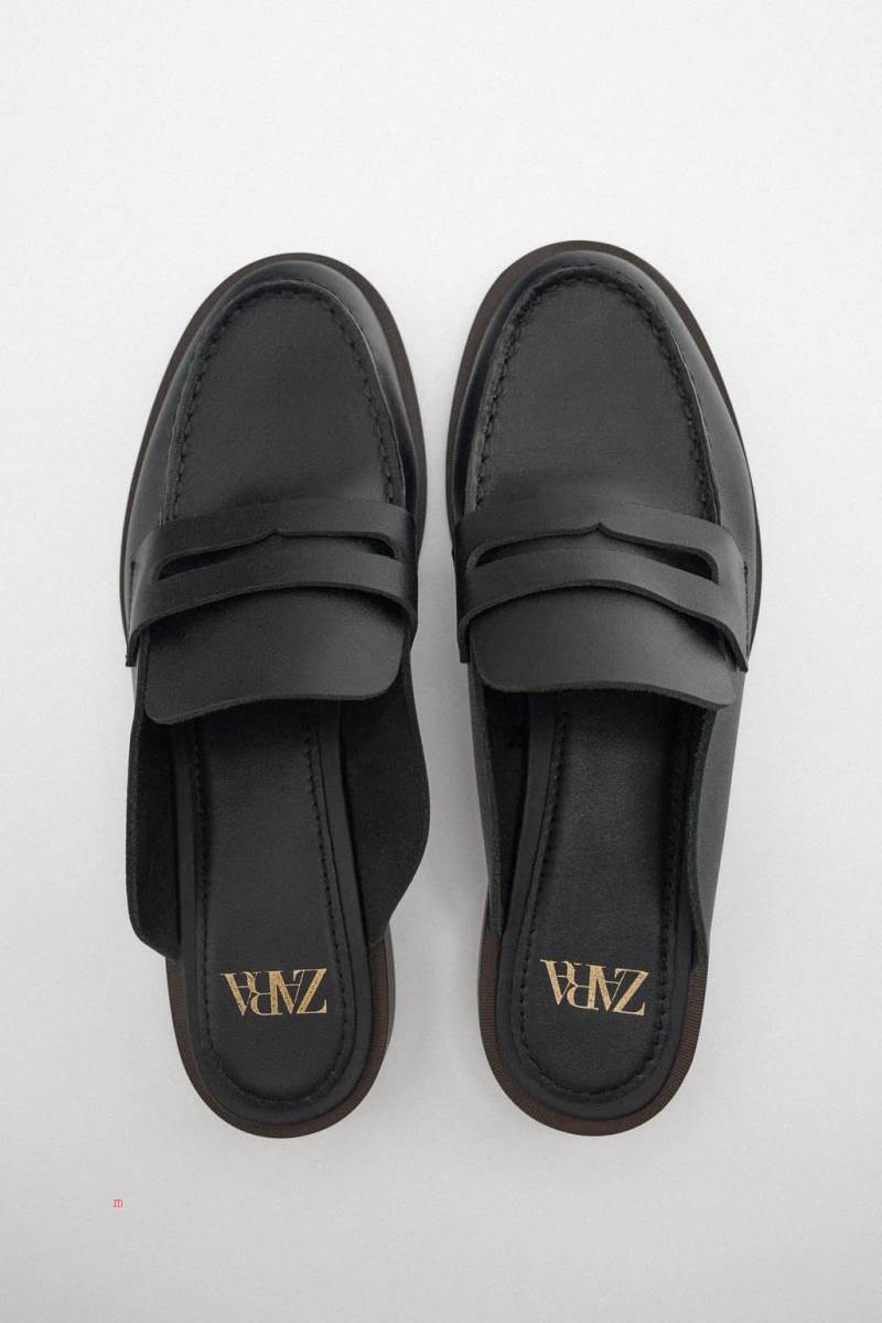 ZARA LEATHER MULE Loafers Dam Svarta | WGDFZ-9140