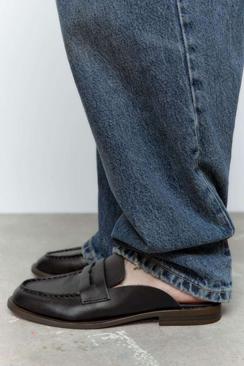 ZARA LEATHER MULE Loafers Dam Svarta | WGDFZ-9140
