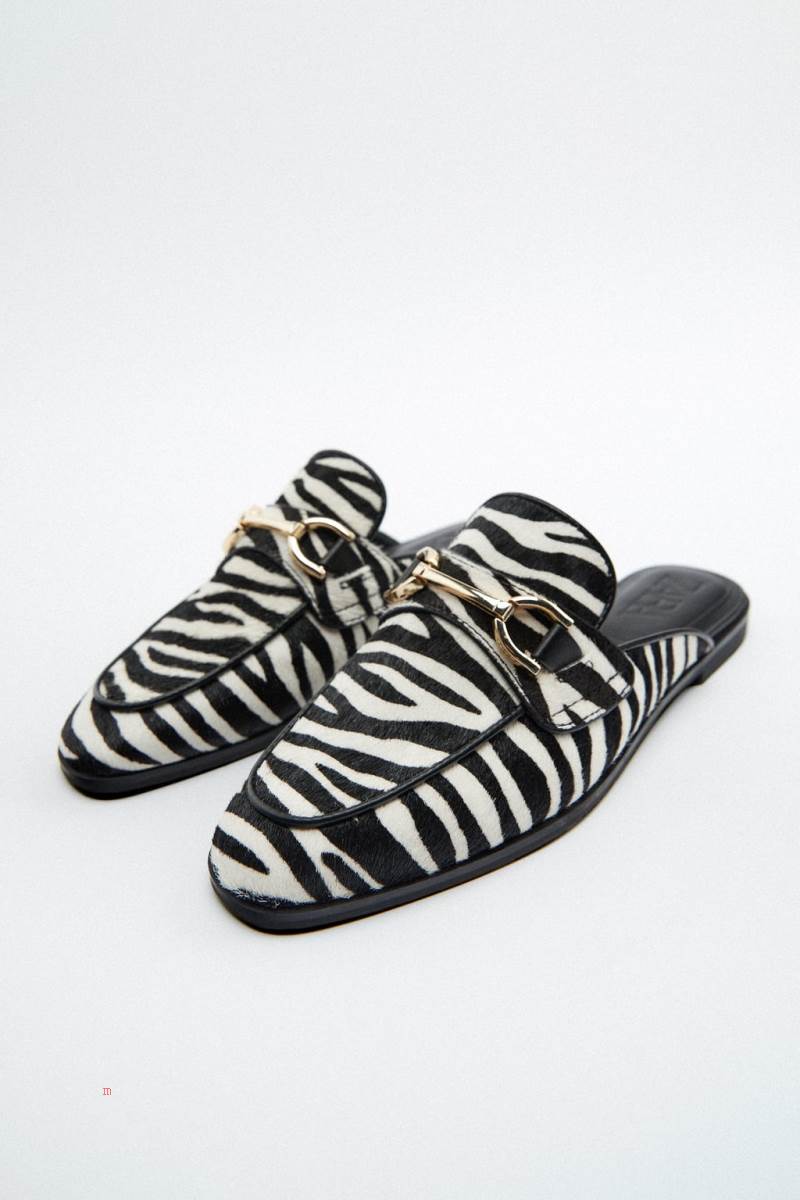 ZARA LEATHER MULE Loafers Dam Vita Svarta | NELVJ-5049