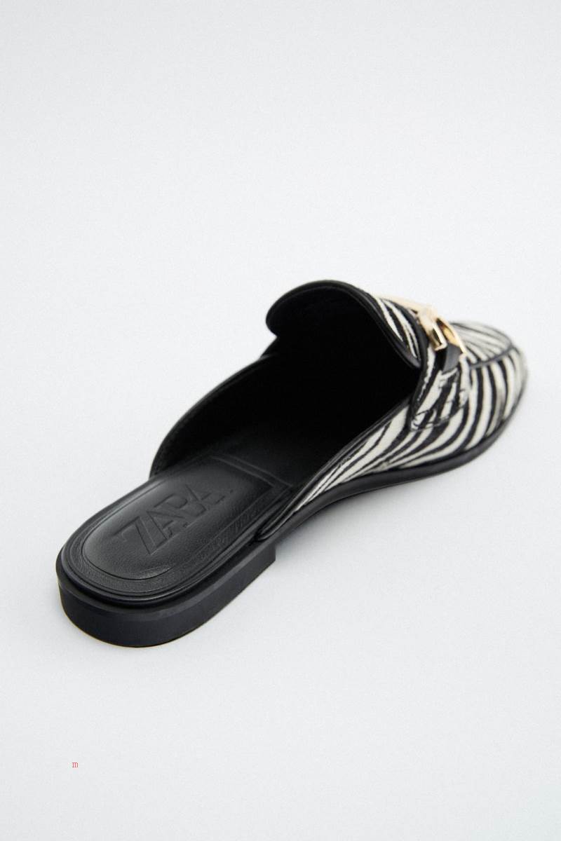 ZARA LEATHER MULE Loafers Dam Vita Svarta | NELVJ-5049