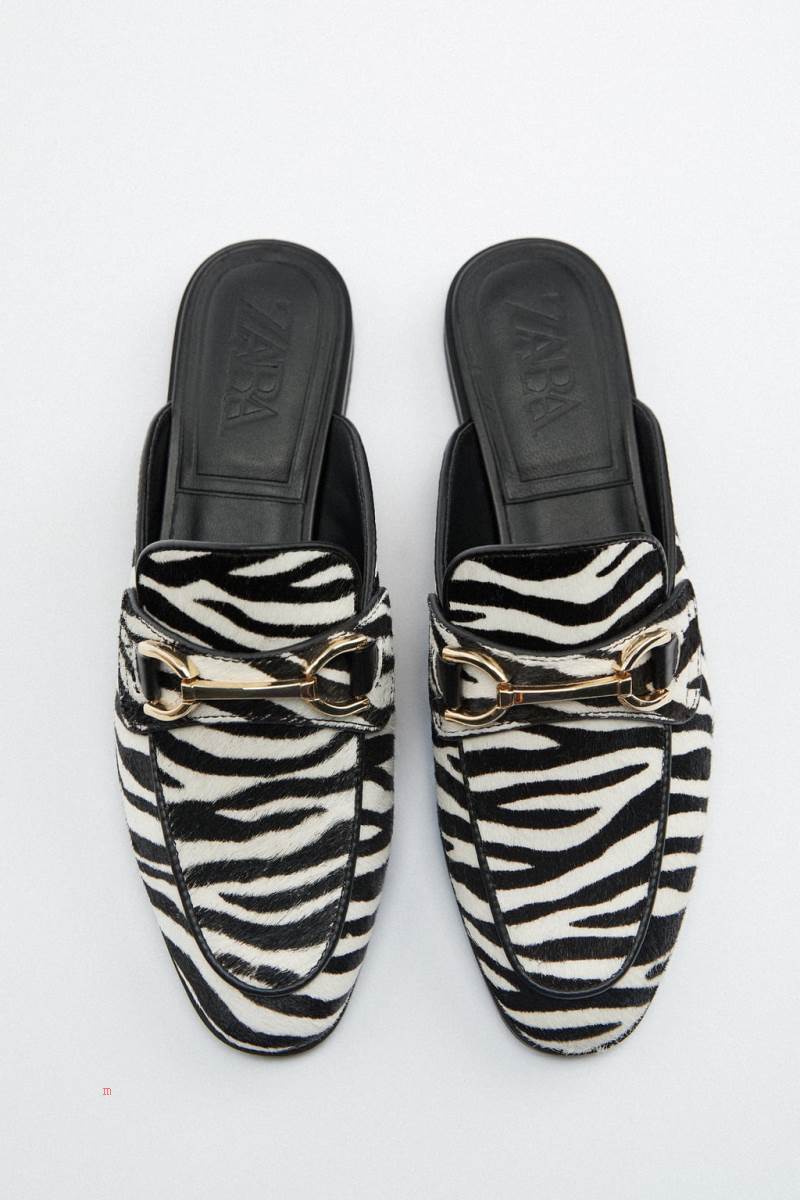 ZARA LEATHER MULE Loafers Dam Vita Svarta | NELVJ-5049