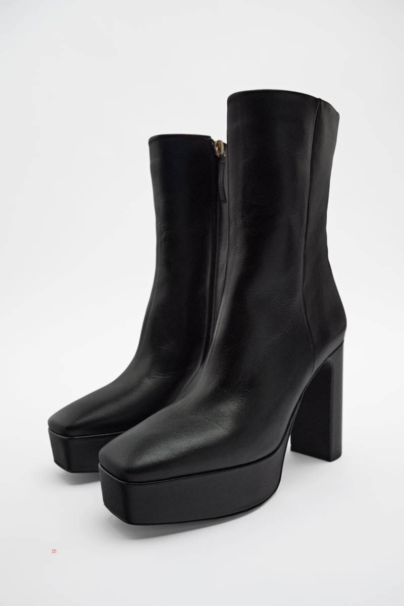 ZARA LEATHER PLATFORM Ankelboots Dam Svarta | CKYNM-9503