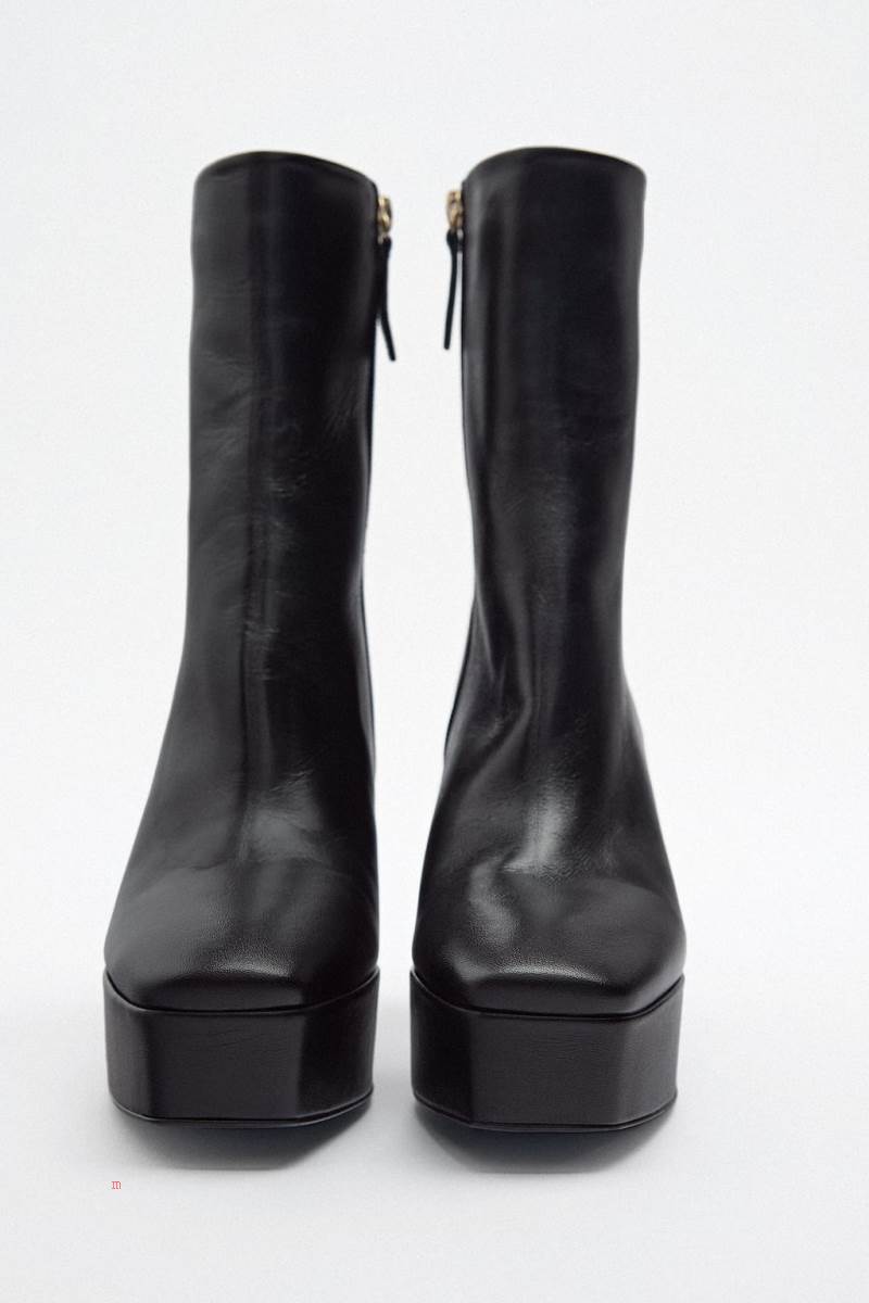 ZARA LEATHER PLATFORM Ankelboots Dam Svarta | CKYNM-9503