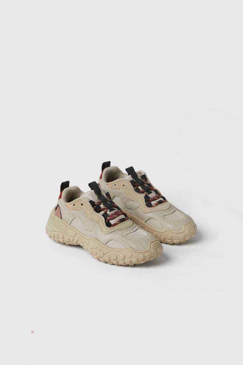 ZARA LEATHER Sneakers Pojke Beige | STQYV-9851