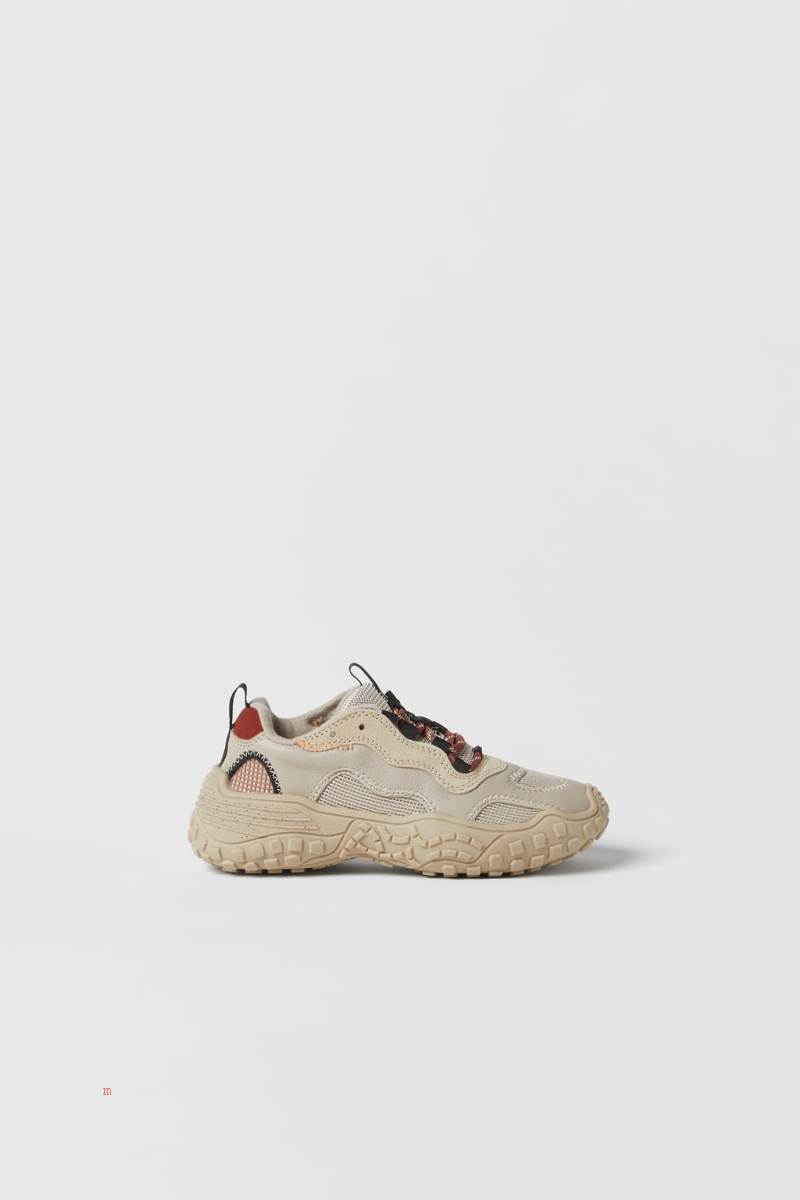 ZARA LEATHER Sneakers Pojke Beige | STQYV-9851