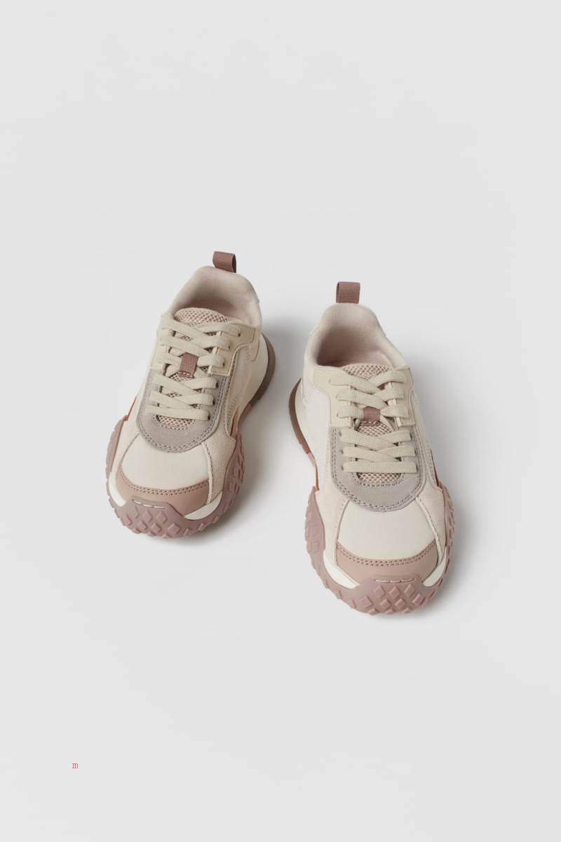 ZARA LEATHER Sneakers Tjej Beige | OJBNZ-0621