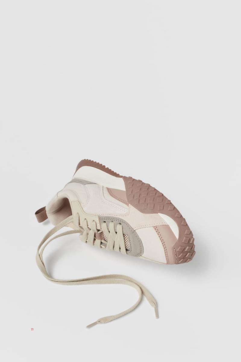 ZARA LEATHER Sneakers Tjej Beige | OJBNZ-0621
