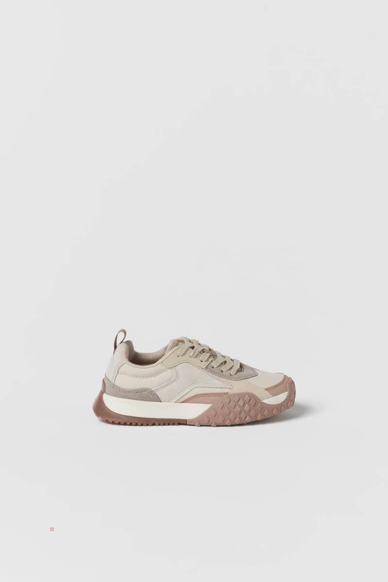 ZARA LEATHER Sneakers Tjej Beige | OJBNZ-0621