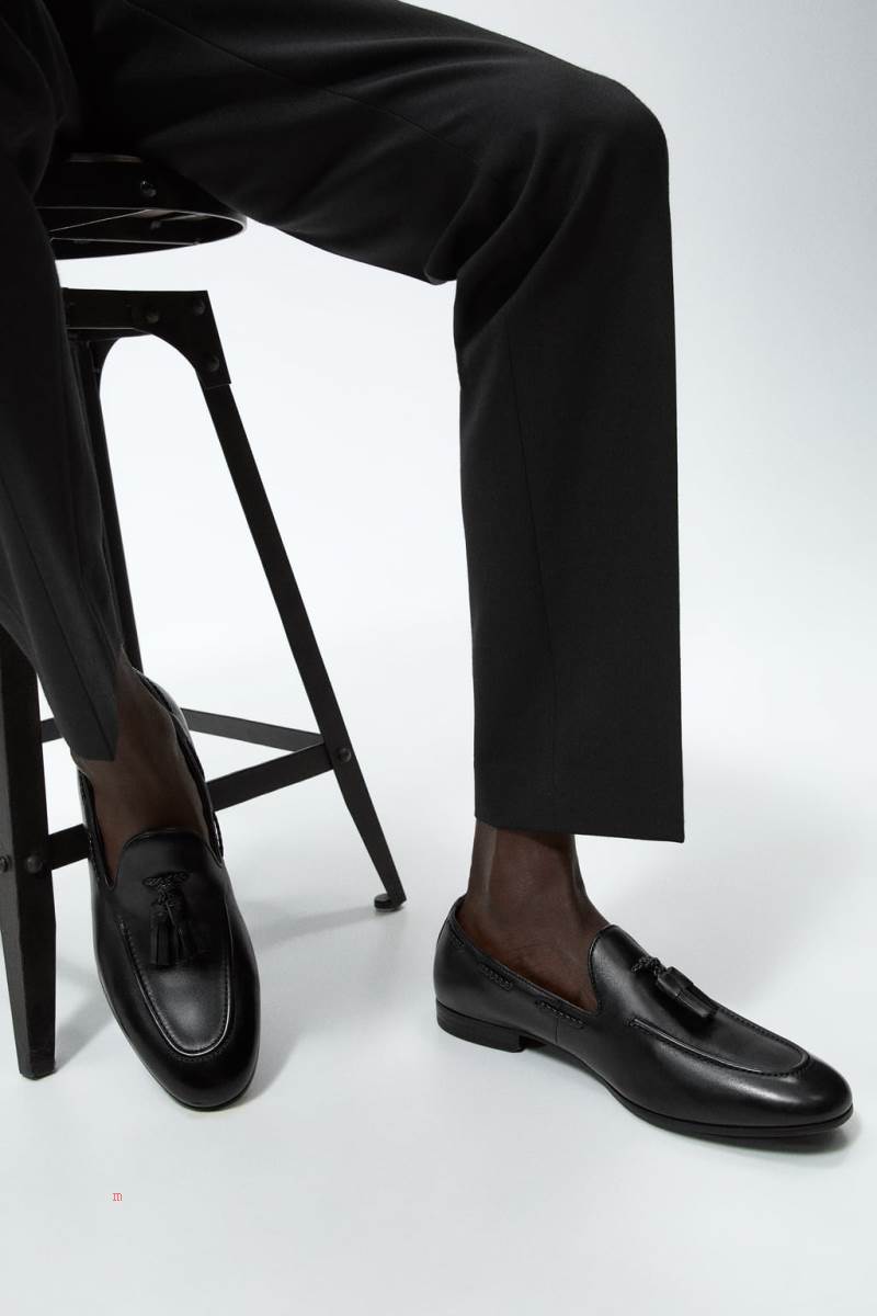 ZARA LEATHER TASSEL Loafers Herr Svarta | PMNOK-7869