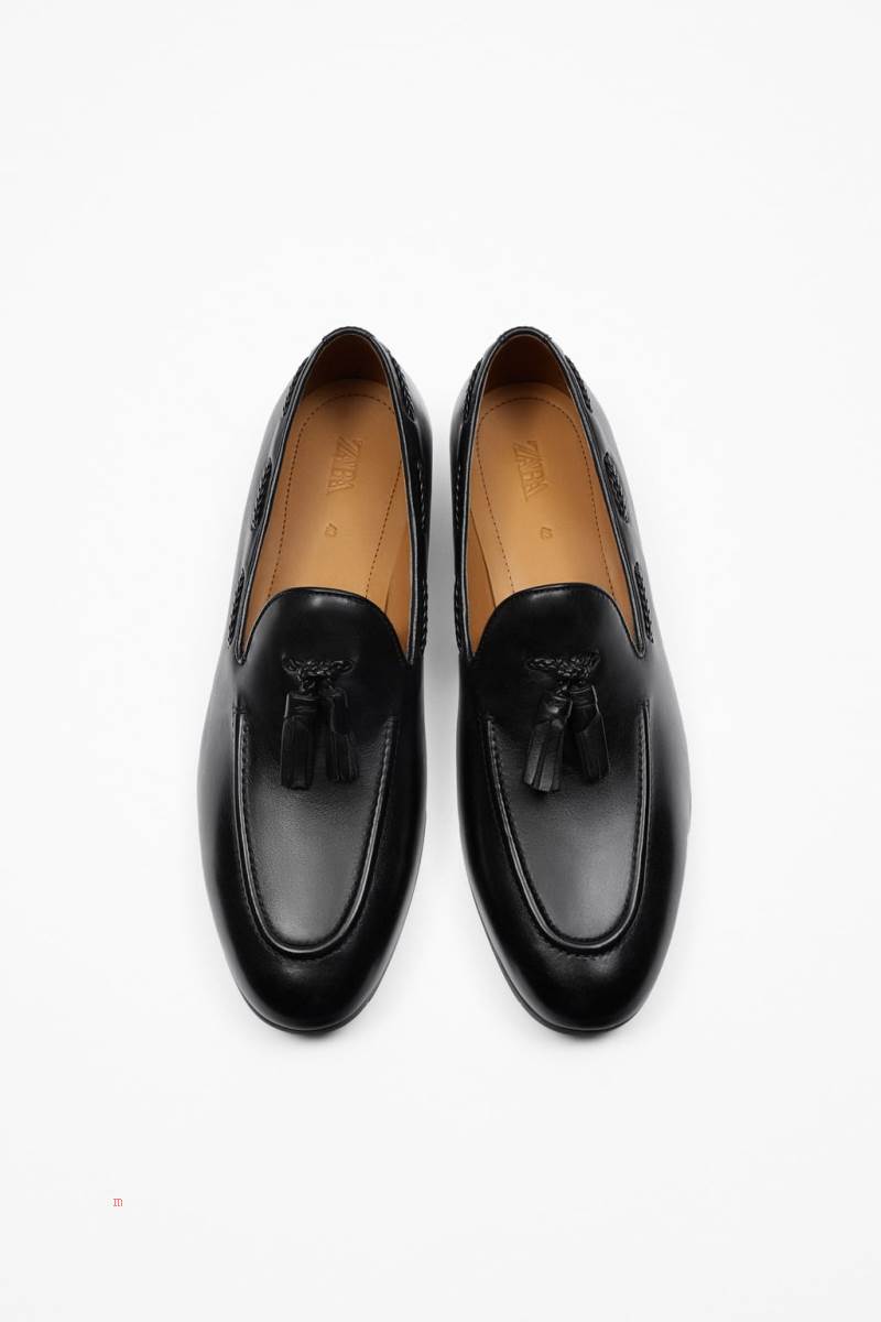 ZARA LEATHER TASSEL Loafers Herr Svarta | PMNOK-7869