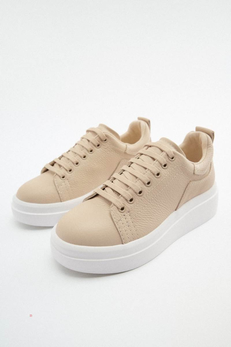 ZARA LEATHER Träningsskor Dam Beige | EVPHW-2376