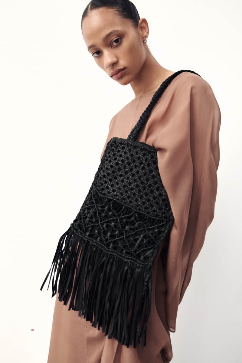 ZARA LEATHER WITH PLAITED DETAIL Toteväska Dam Svarta | KFYME-0532