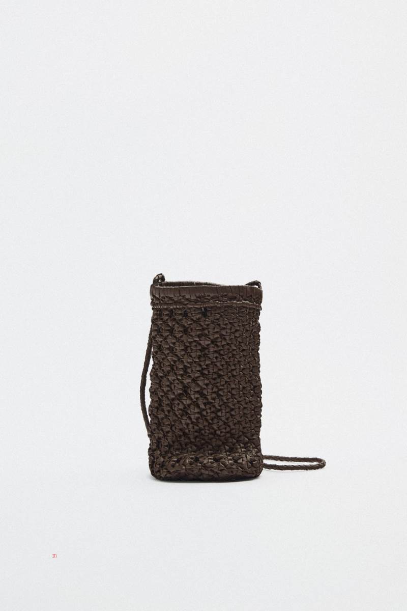 ZARA LEATHER WOVEN MOBILE PHONE BAG Läderväska Dam Bruna | XCJML-4168