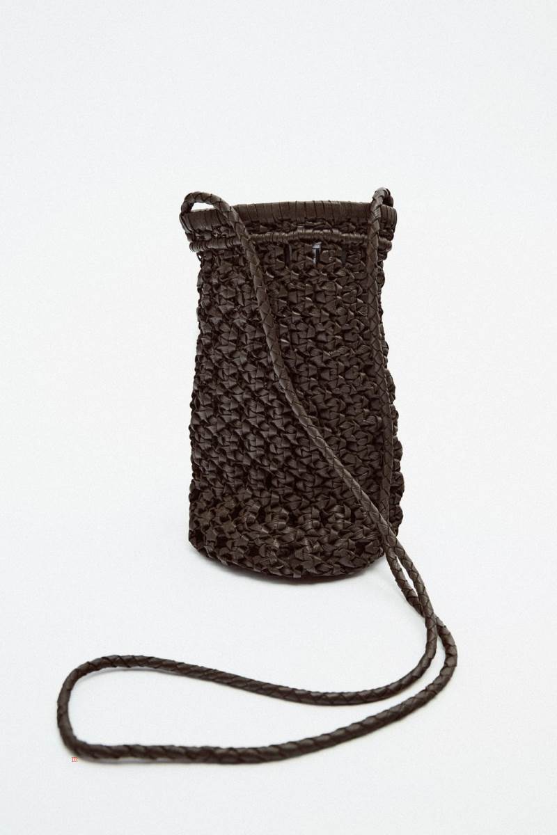 ZARA LEATHER WOVEN MOBILE PHONE BAG Läderväska Dam Bruna | XCJML-4168