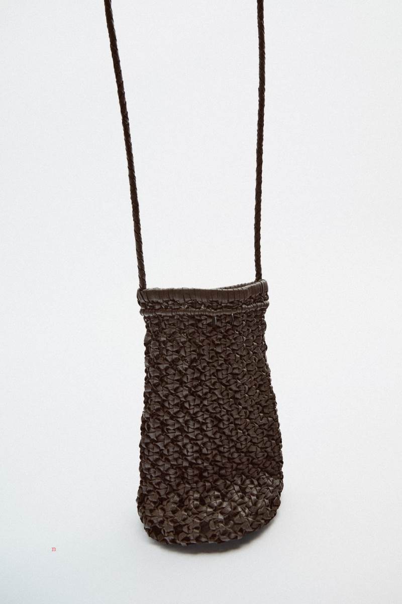 ZARA LEATHER WOVEN MOBILE PHONE BAG Läderväska Dam Bruna | XCJML-4168