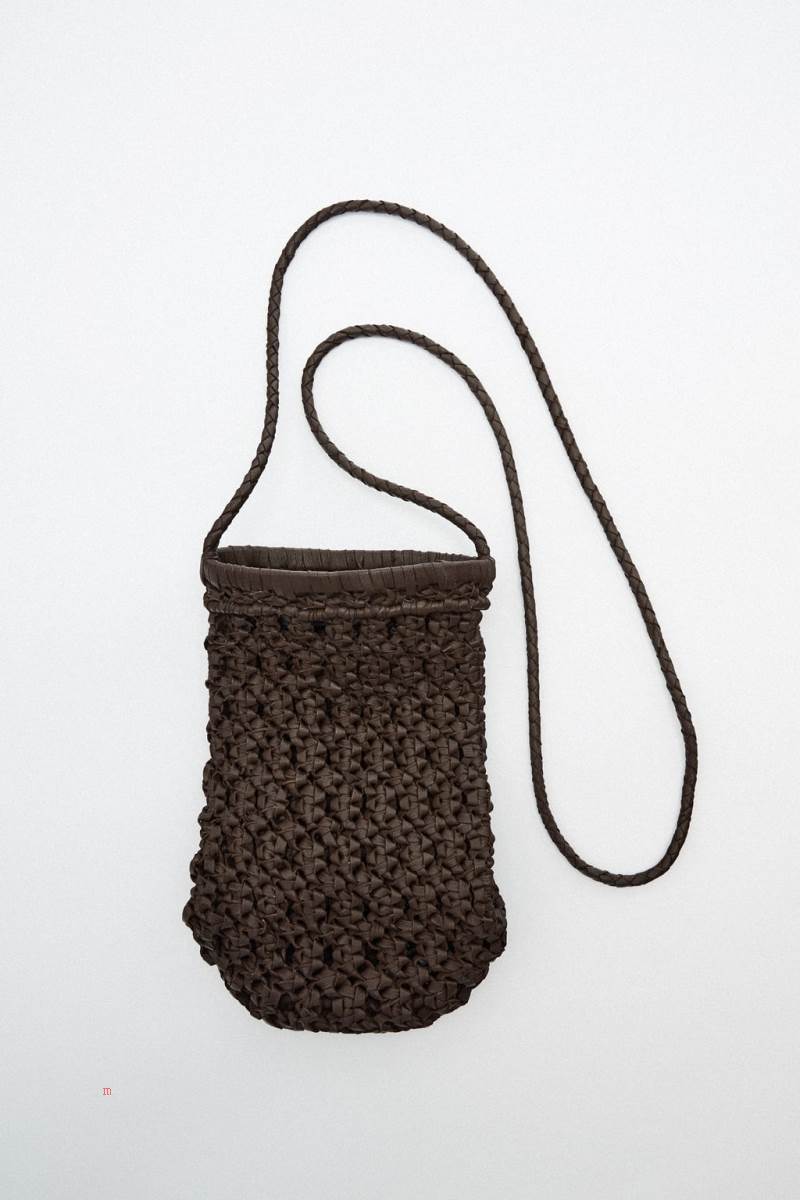 ZARA LEATHER WOVEN MOBILE PHONE BAG Läderväska Dam Bruna | XCJML-4168