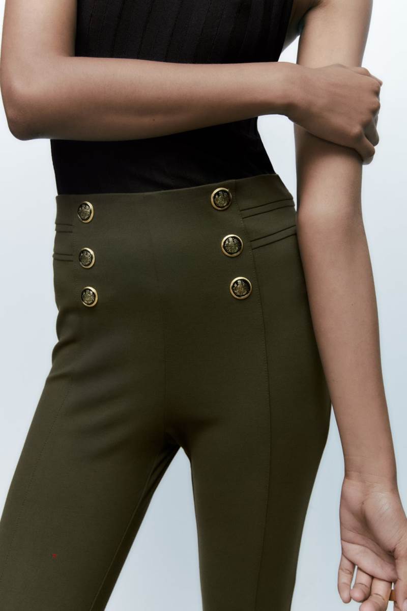 ZARA LEGGINGS WITH GOLD BUTTONS Leggings Dam Khaki | ZNBGX-9872