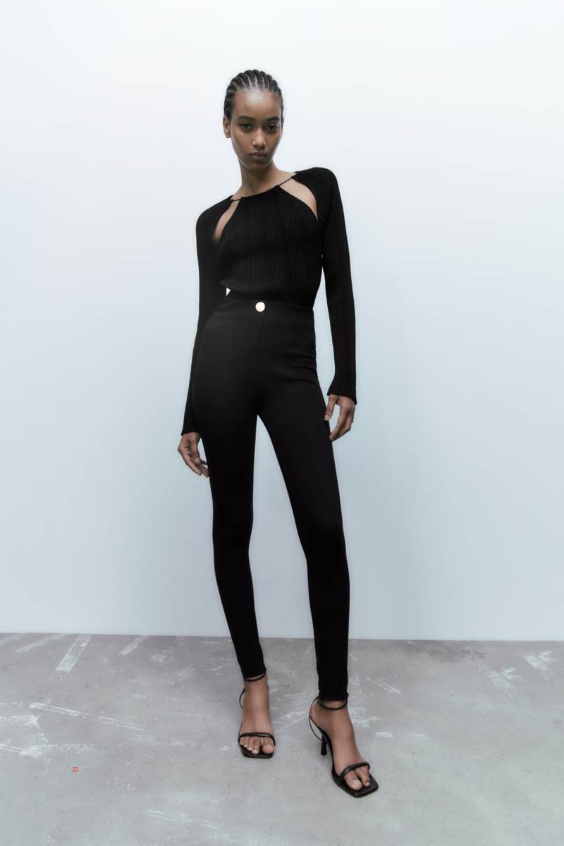 ZARA LEGGINGS WITH GOLD BUTTON Leggings Dam Svarta | GNBCI-0146