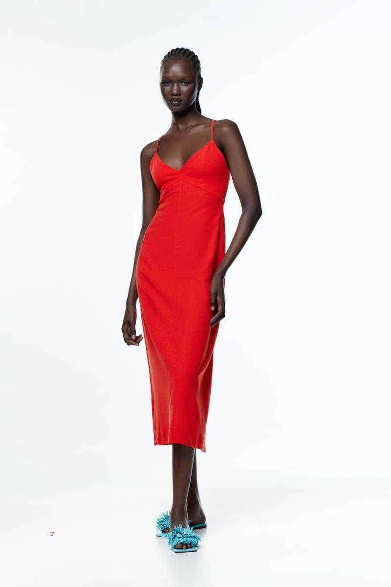 ZARA LINEN BLEND CAMISOLE Klänning Dam Röda Orange | CGMPJ-3198