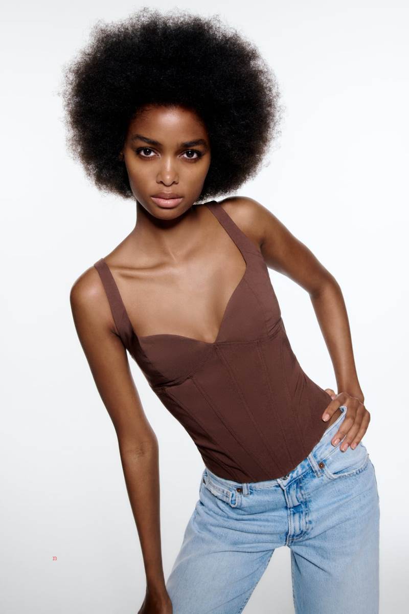 ZARA LINEN BLEND CORSETRY-INSPIRED TOP Korsett Dam Choklad Bruna | NDLCF-3802