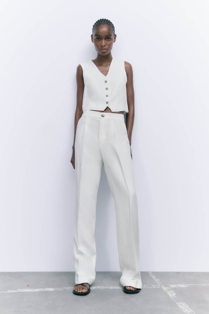 ZARA LINEN BLEND CROPPED Kostym Väst Dam Vita | HDXGF-4729