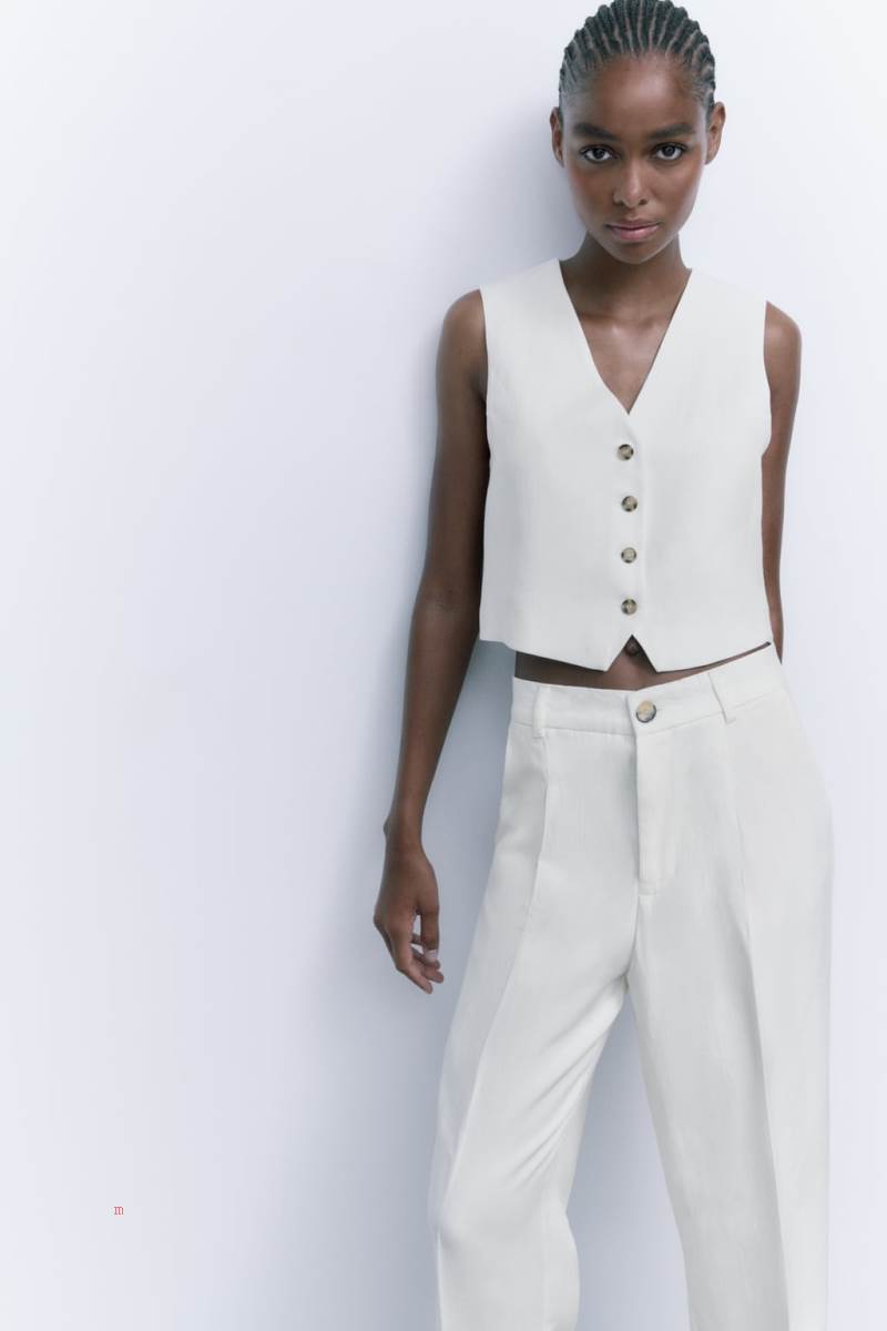 ZARA LINEN BLEND CROPPED Kostym Väst Dam Vita | HDXGF-4729