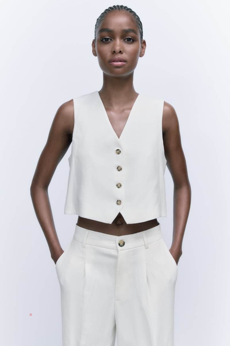 ZARA LINEN BLEND CROPPED Kostym Väst Dam Vita | HDXGF-4729