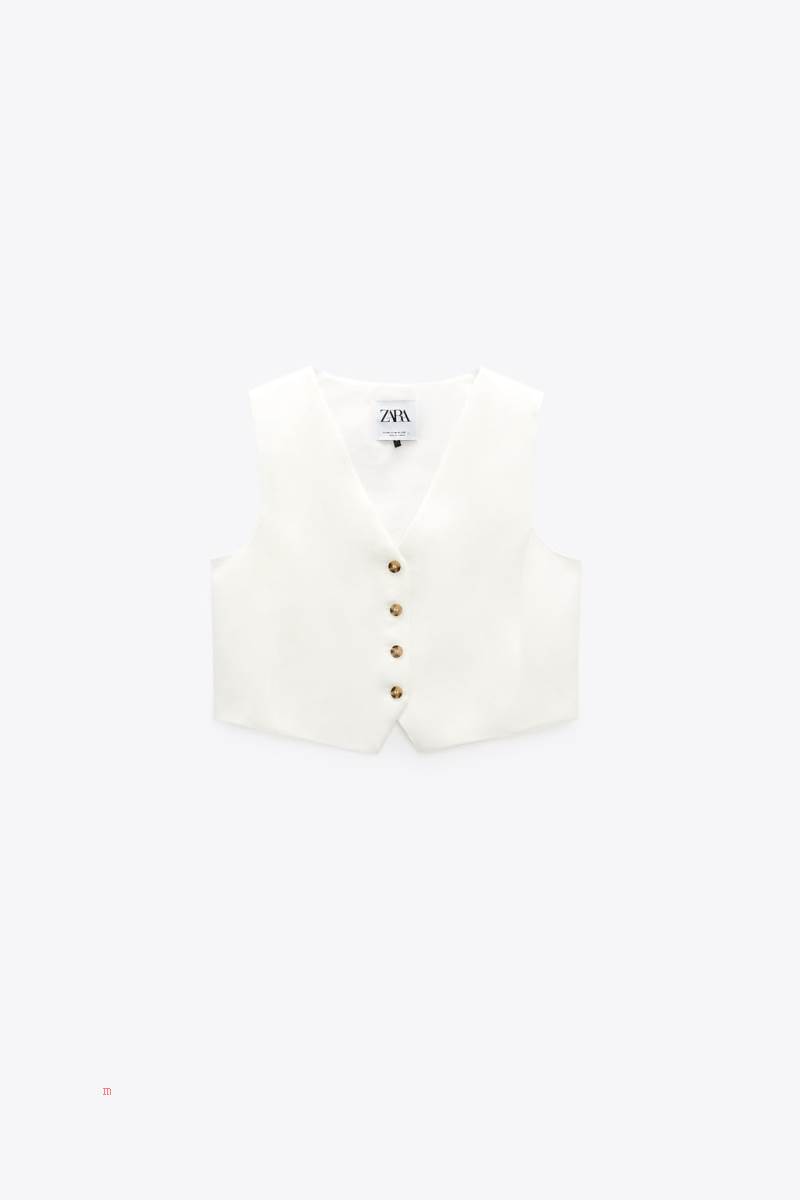 ZARA LINEN BLEND CROPPED Kostym Väst Dam Vita | HDXGF-4729