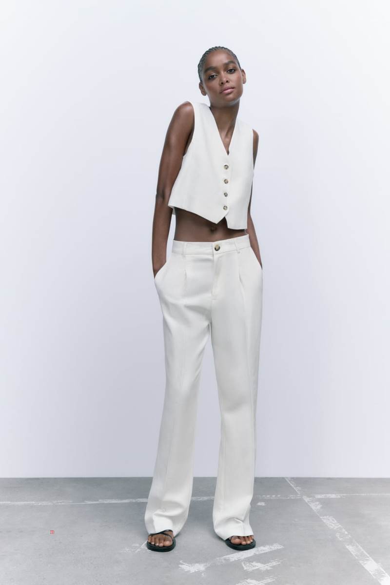 ZARA LINEN BLEND CROPPED Kostym Väst Dam Vita | HDXGF-4729