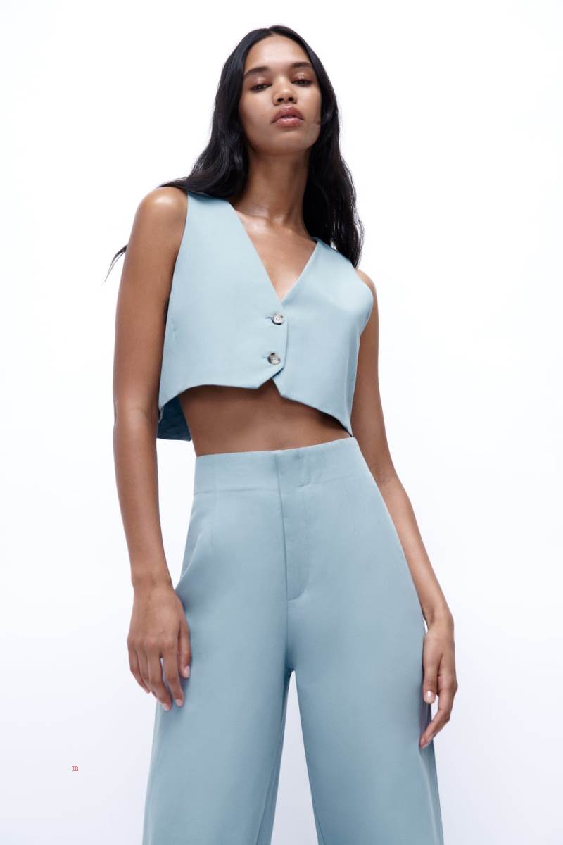 ZARA LINEN BLEND CROPPED Kostym Väst Dam Blå | NSELT-2167
